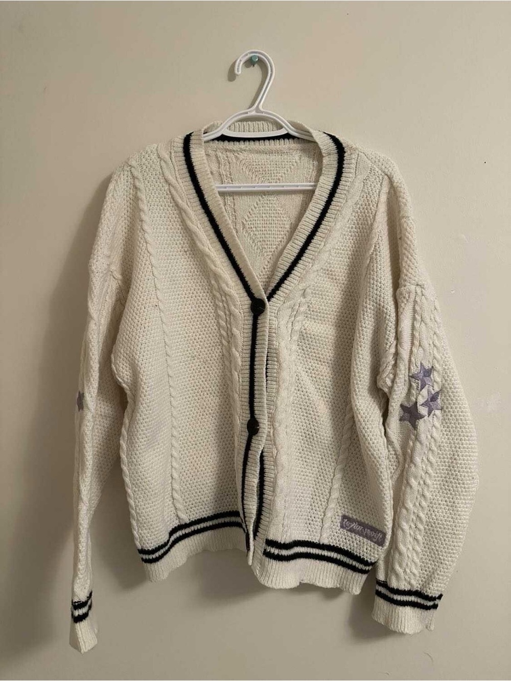 Cream Cable Knit Cardigan Sweater with Black Trim